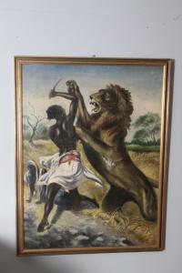 Altes Gemälde 1930 Achille Beltrame "Somalische Szene". Maße 113 x 86 cm. Auf der Sonntagsbeilage des Corriere.